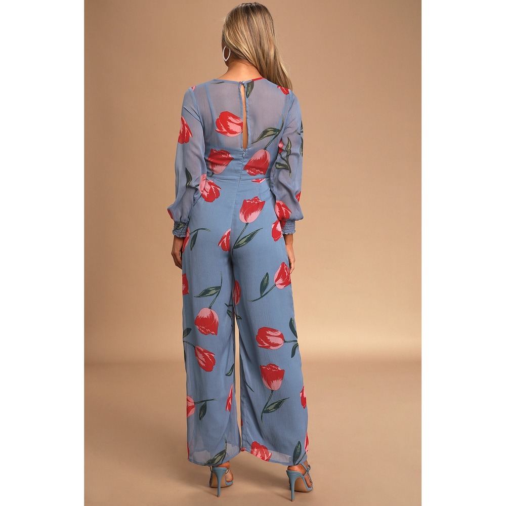 Lulus Light Blue Red Tulip Floral Wrap Front Wide Leg Jumpsuit Long Sleeve M - Picture 3 of 9
